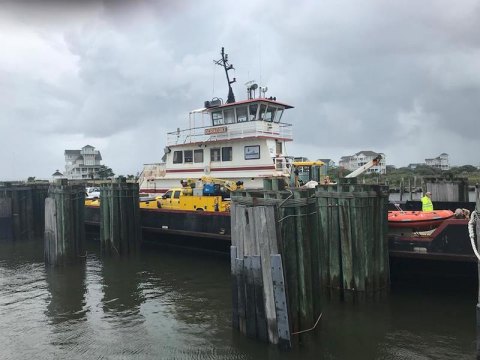 Getting Back to the Sandbar The Hatteras-Ocracoke ferry route remains CLOSED to the public today, but we did get some road crews and heavy equipment over to Ocracoke to work on clearing, inspecting, and repairing a closed section of NC12 between the ferry terminal and the Pony Pens.